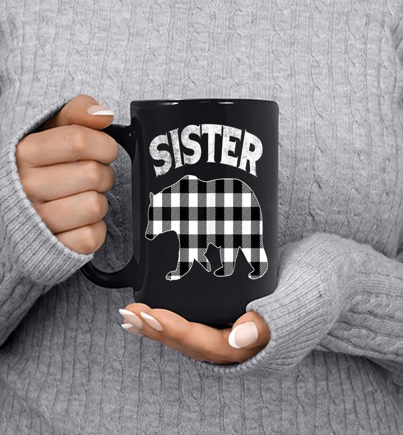 Black And White Buffalo Plaid Sister Bear Christmas Pajama Mug