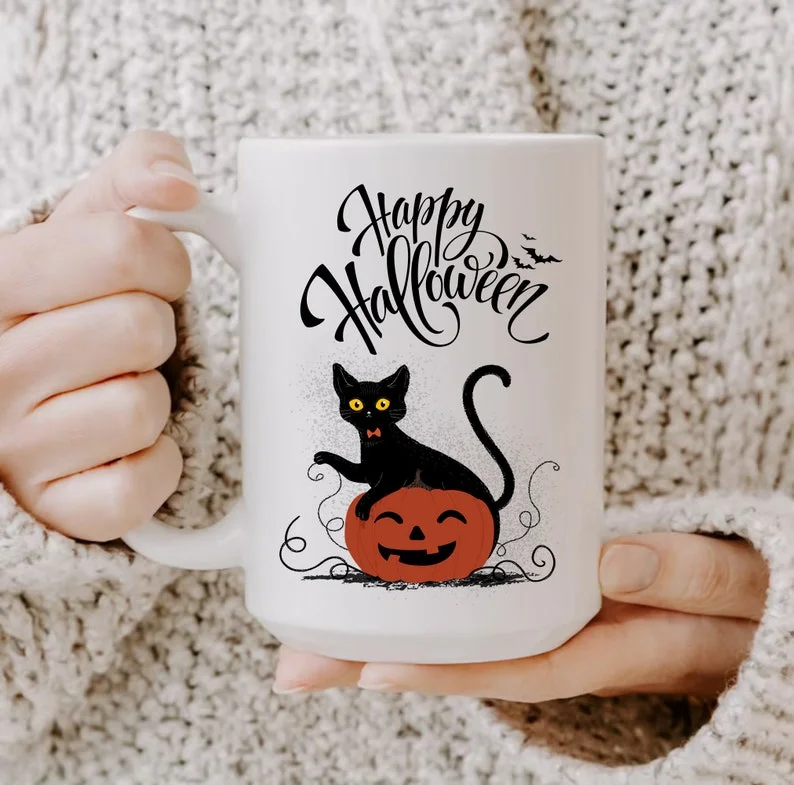 Black Cat And Funny Pumpkin Happy Halloween Gift Idea Mug