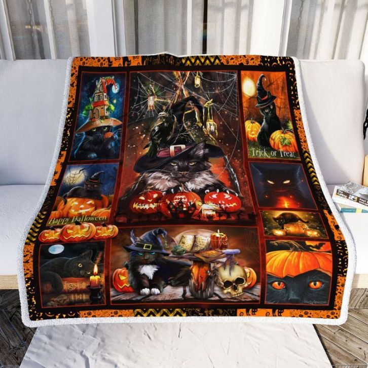 Black Cat And Pumpkin Trick Or Treat Happy Halloween Comfy Sofa Throw Blanket