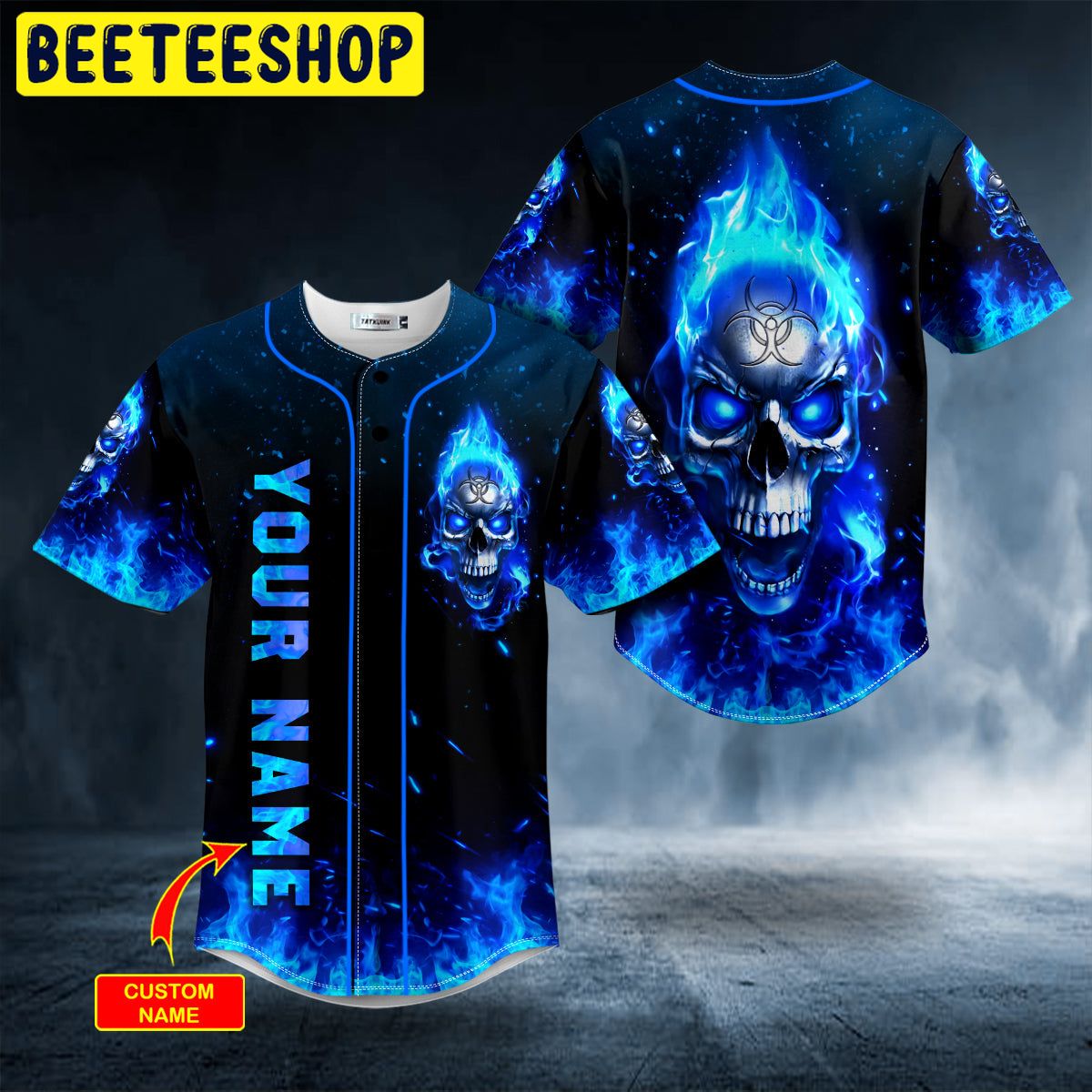 Blue Flaming Biohazard Tribal Metal Skull Custom Trending Baseball Jersey