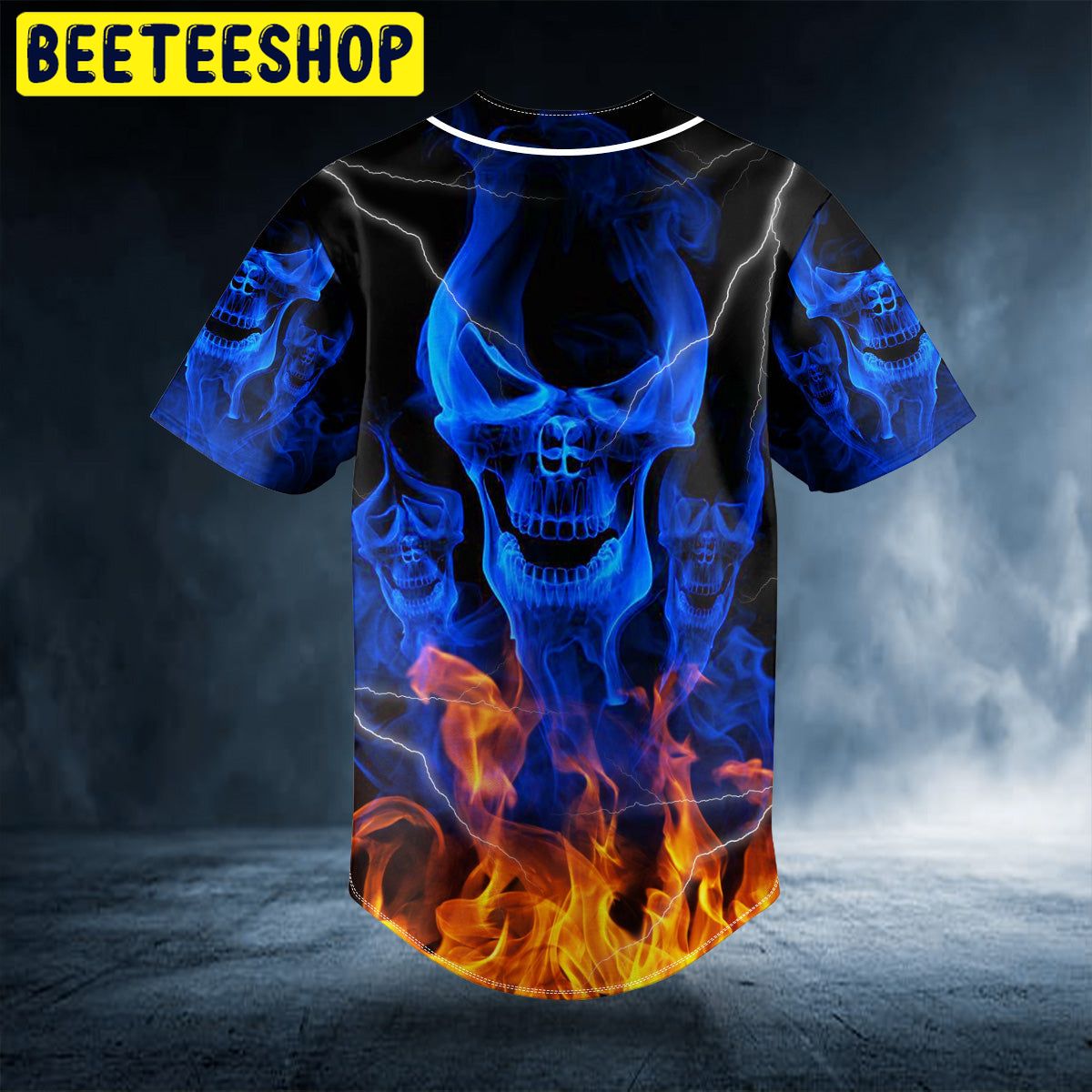 American Flag Firework Lightning Fire Skull Custom Name All Over Print  Baseball Jersey Shirt - Banantees