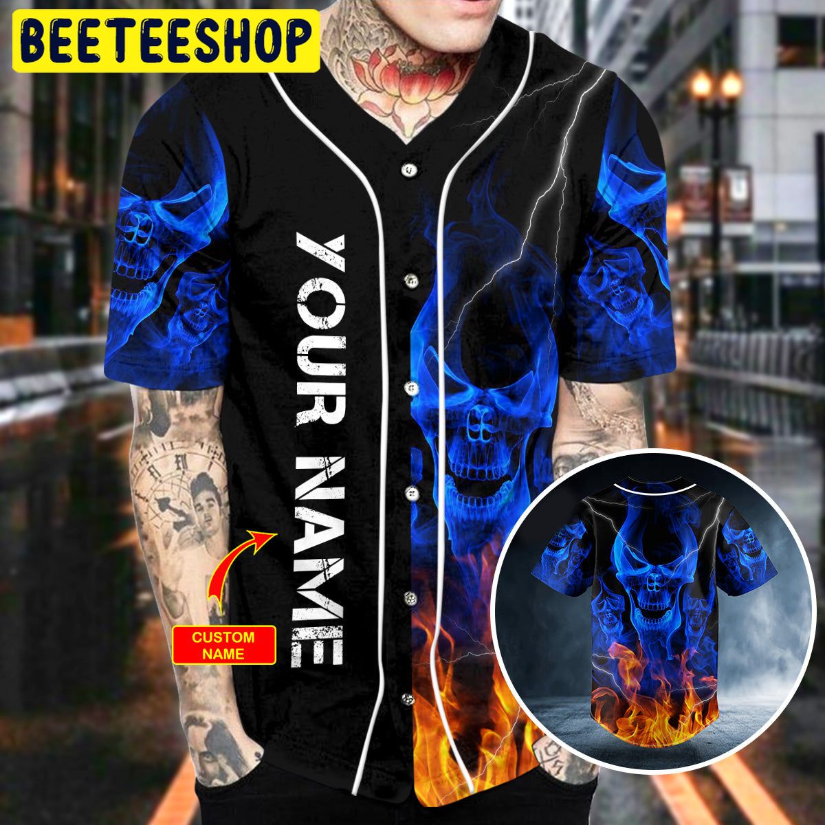 American Flag Firework Lightning Fire Skull Custom Name All Over Print Baseball  Jersey Shirt - Banantees