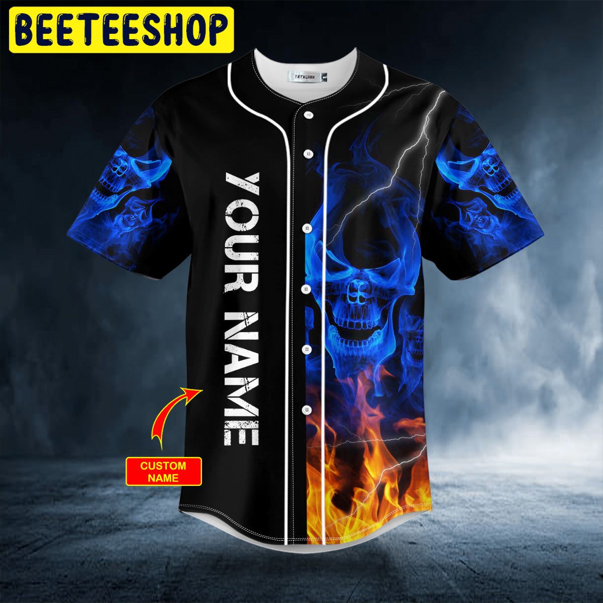 American Flag Firework Lightning Fire Skull Custom Name All Over Print Baseball  Jersey Shirt - Banantees