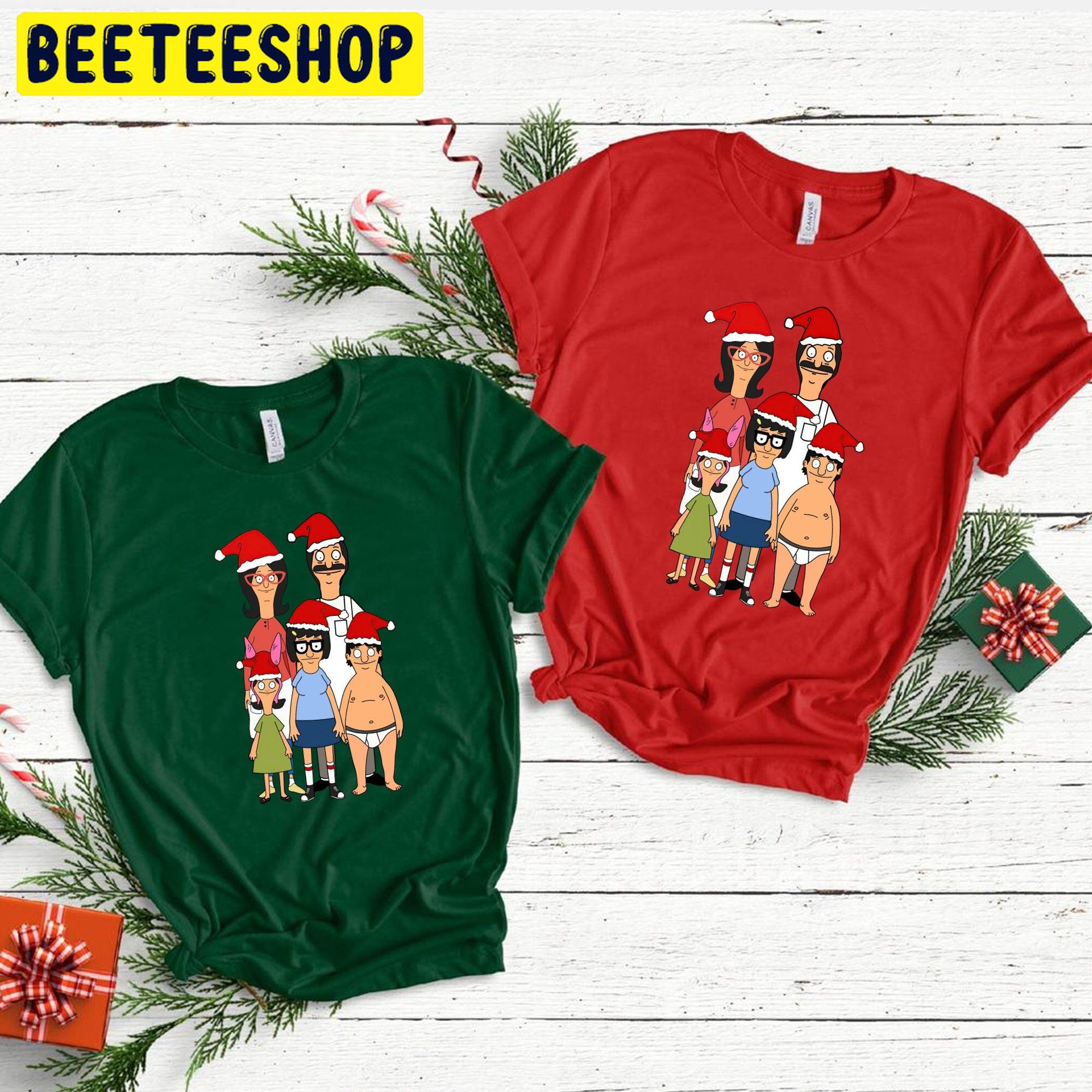 Bobs Burger Family With Santa Hat The Belchers Christmas Trending Unisex Shirt