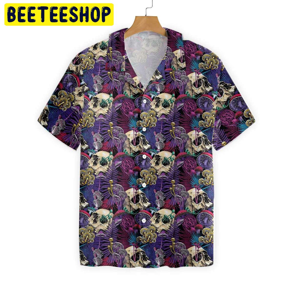 Bright Magic Psychedelic Mushrooms And Skulls Trending Hawaiian Shirt