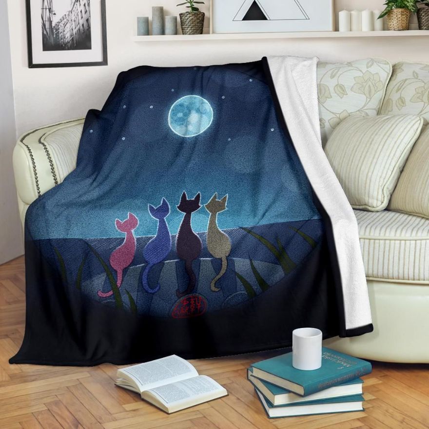 Cats Under Moonlight Fleece Blanket Throw Blanket