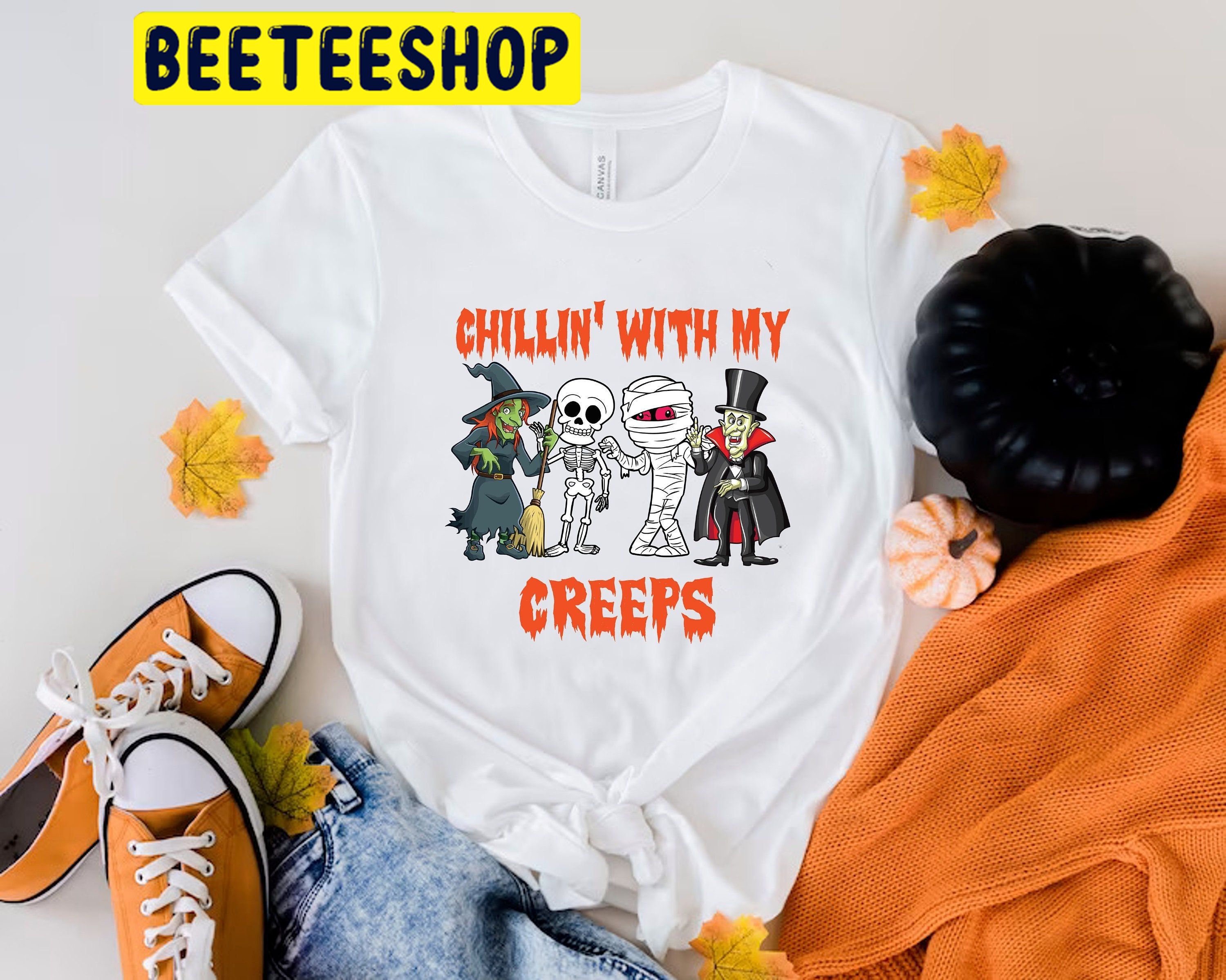 Chillin With My Creeps Ghost Witch Skeleton HalloweenTrending Unisex Shirt