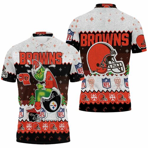 Christmas Cleveland Browns Grinch In Toilet Christmas Knitting Patt Jersey 3D All Over Print Polo Shirt