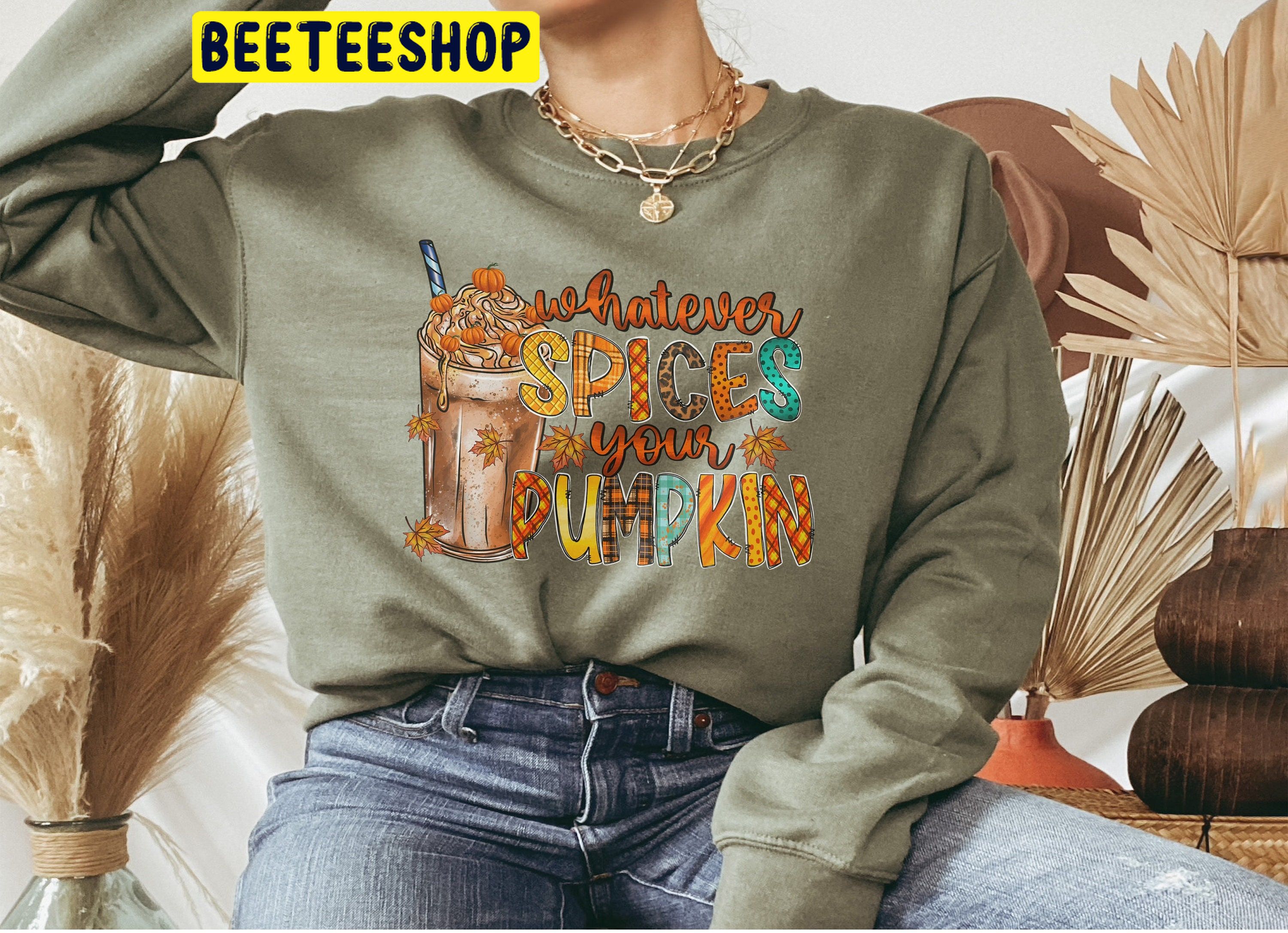 Coffee And Autumn Leaves Jumper Halloween Trending Unisex Shirt