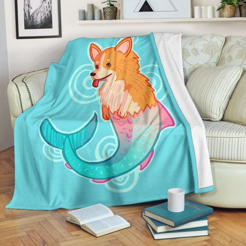 Corgi Dog Fish Mermaid Fleece Blanket Throw Blanket