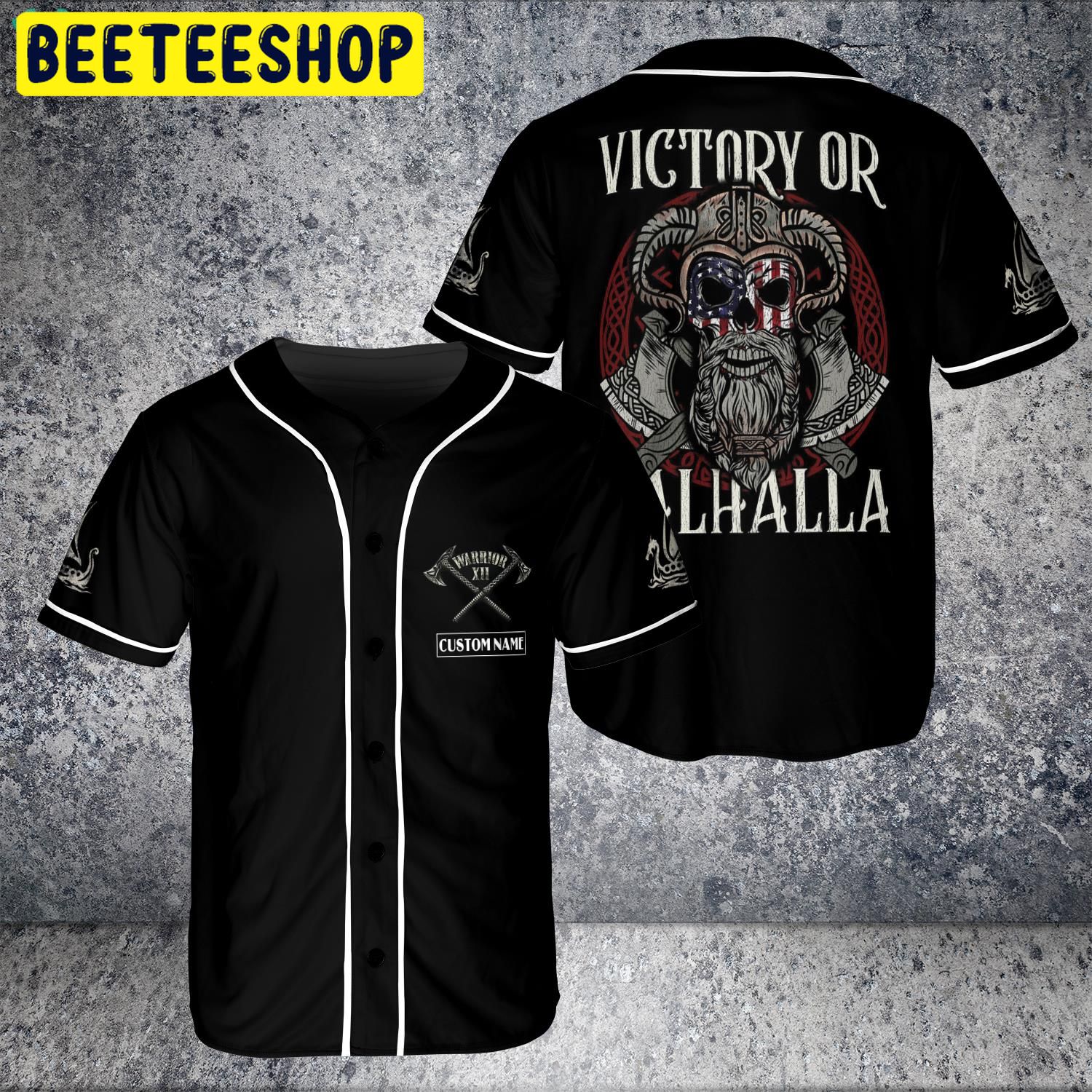 Custom Name Skull American Viking Victory Or Valhalla USA Flag Trending Jersey Baseball