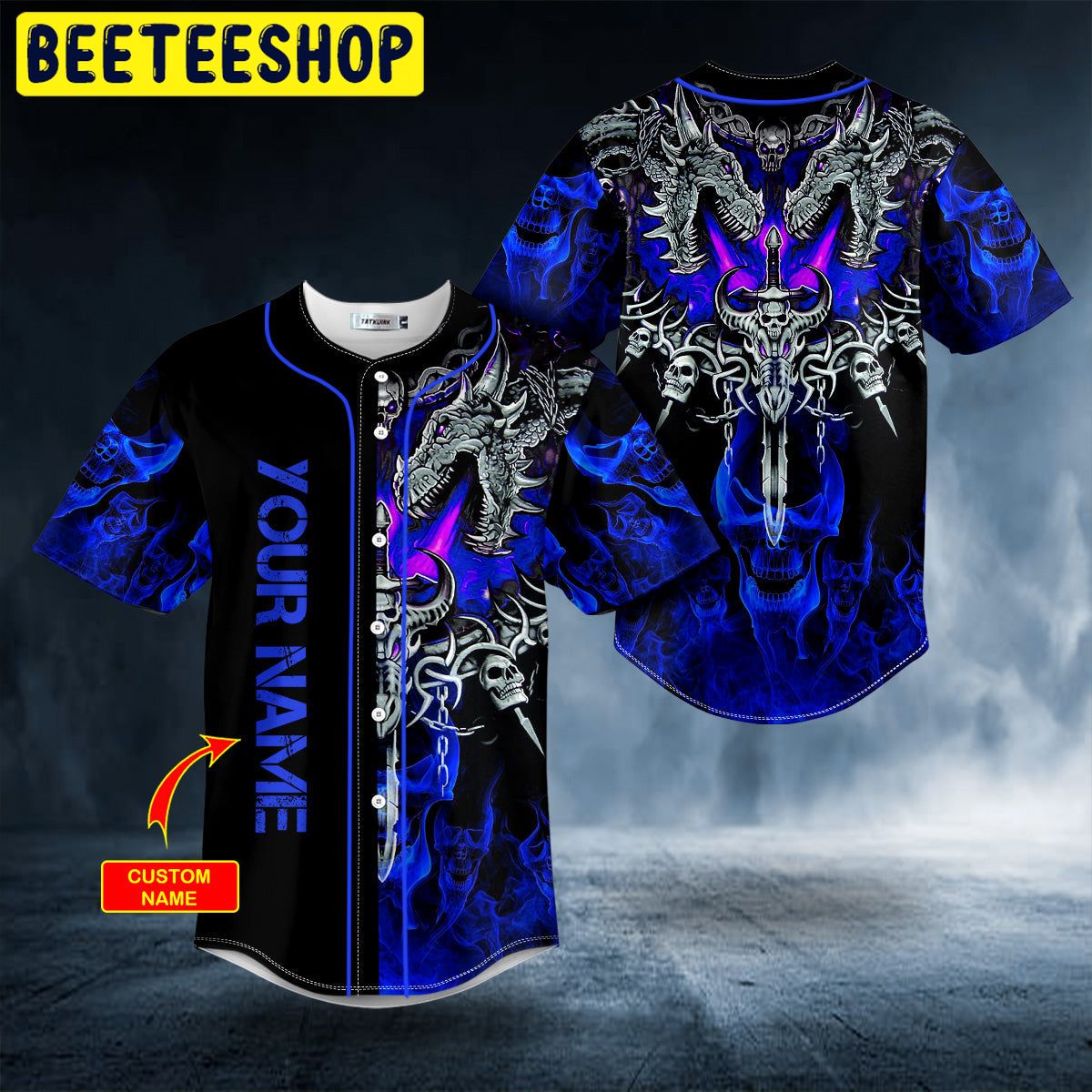 Dark Blue Dragon With Skull Sword Custom Trending Baseball Jersey