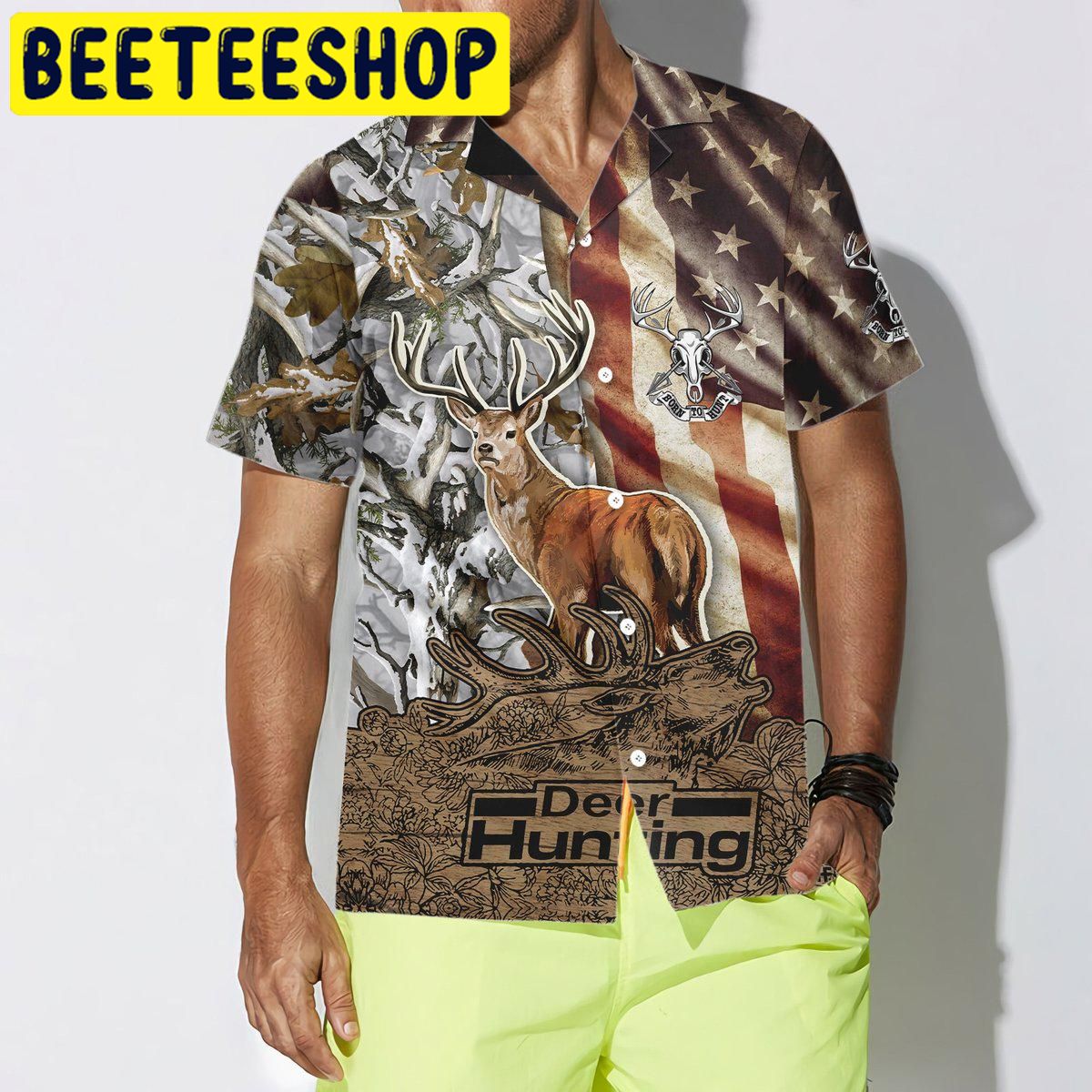 Deer Vintage Flag Bow Hunting Unisex Hawaiian Shirt