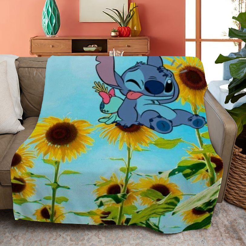 Disney Stitch Ohana Fleece Blanket Funny Stitch With Sunflower Comfy Sofa Throw Blanket