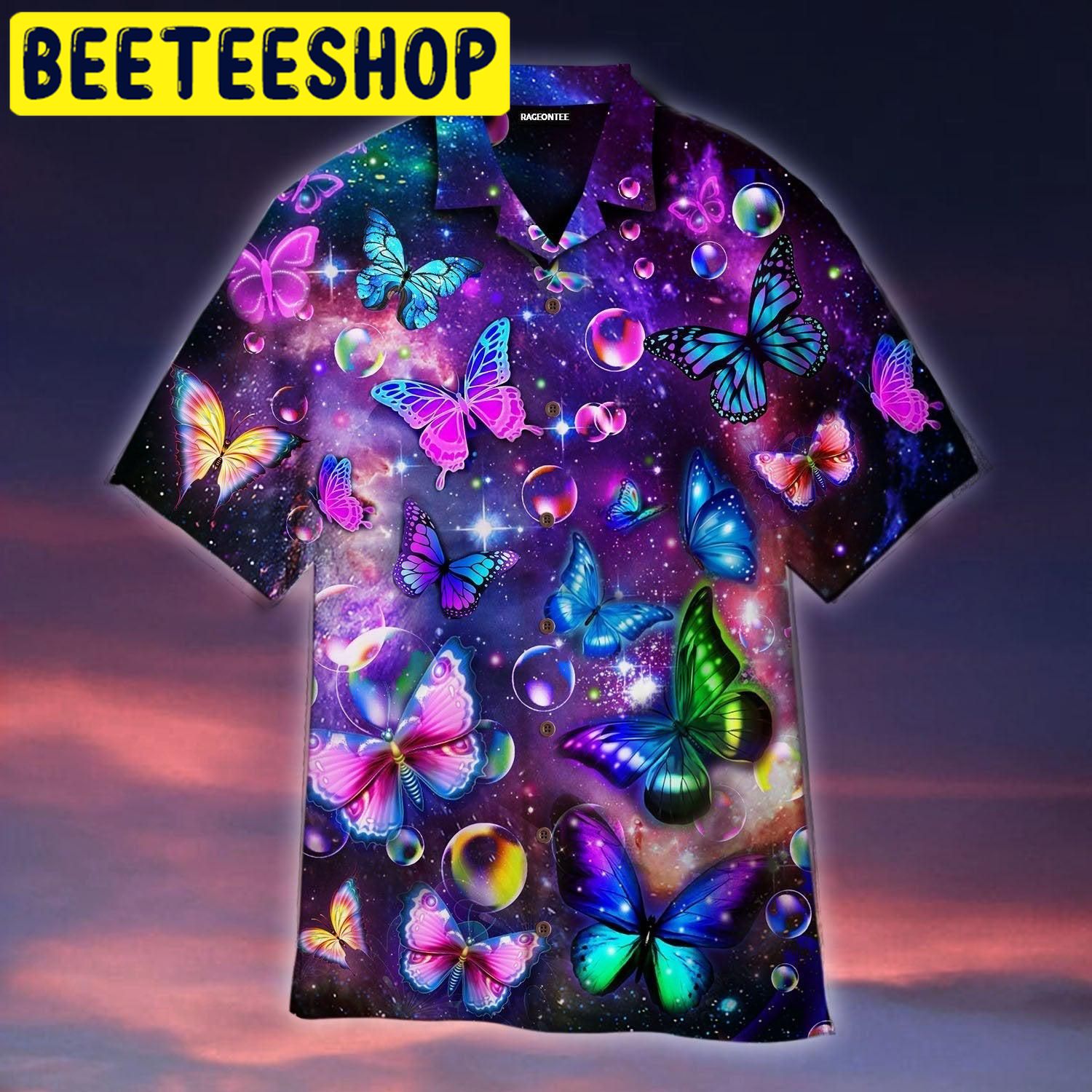 Fantasy Galaxy Neon Butterflies Hawaiian Shirt