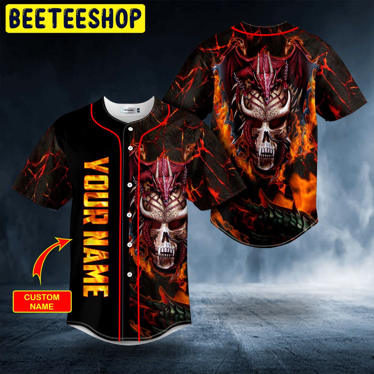 Fire Red Spiral Dragon Skull Custom Trending Baseball Jersey