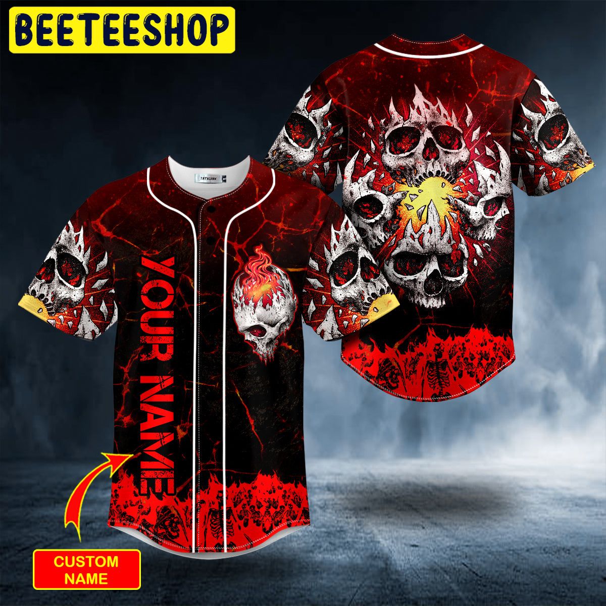 Flame Cracked Triple Skull Custom Trending Baseball Jersey