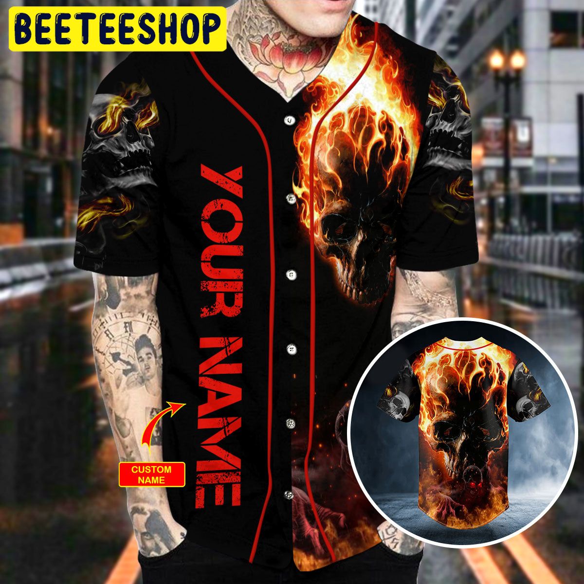 American Flag Firework Lightning Fire Skull Custom Name All Over Print Baseball  Jersey Shirt - Banantees