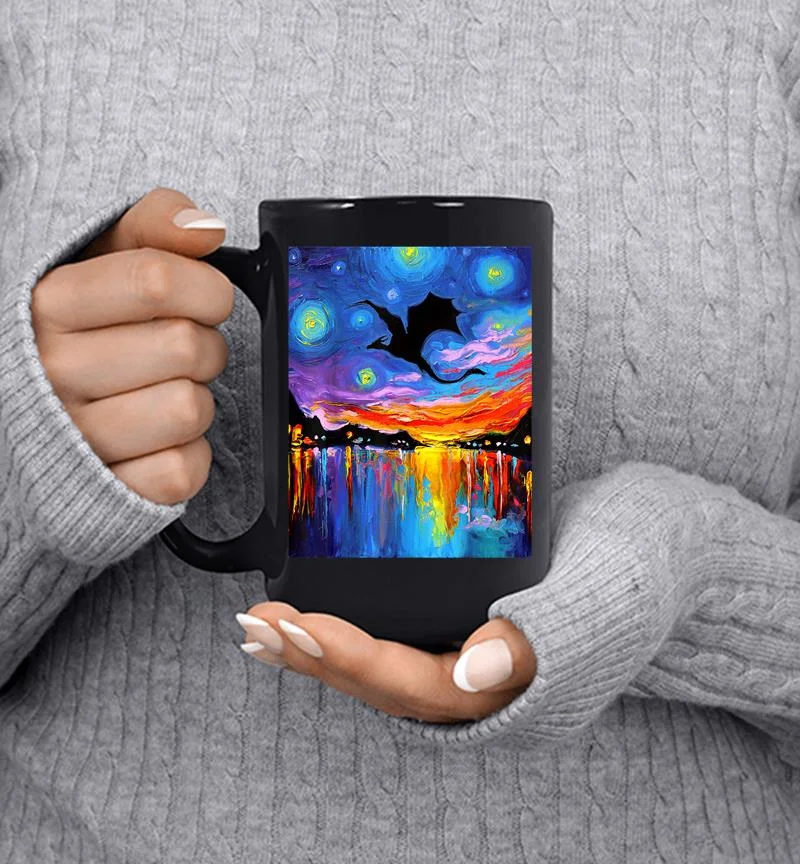 Flying Dragon Silhouette Sunset Starry Night Fantasy Art Mug