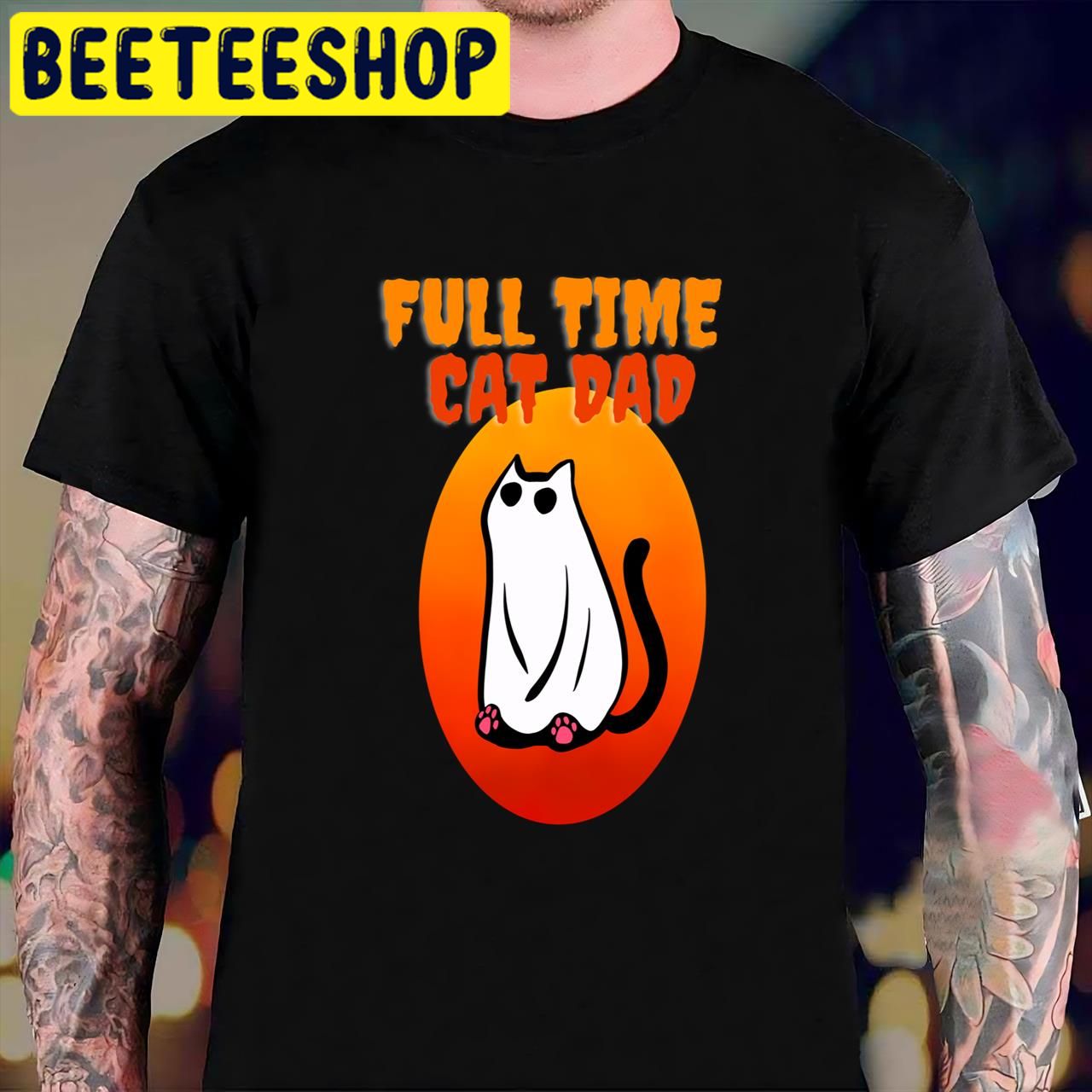 Full Time Cat Dad Funny Black Cat Wearing Ghost Halloween Trending Unisex T-Shirt