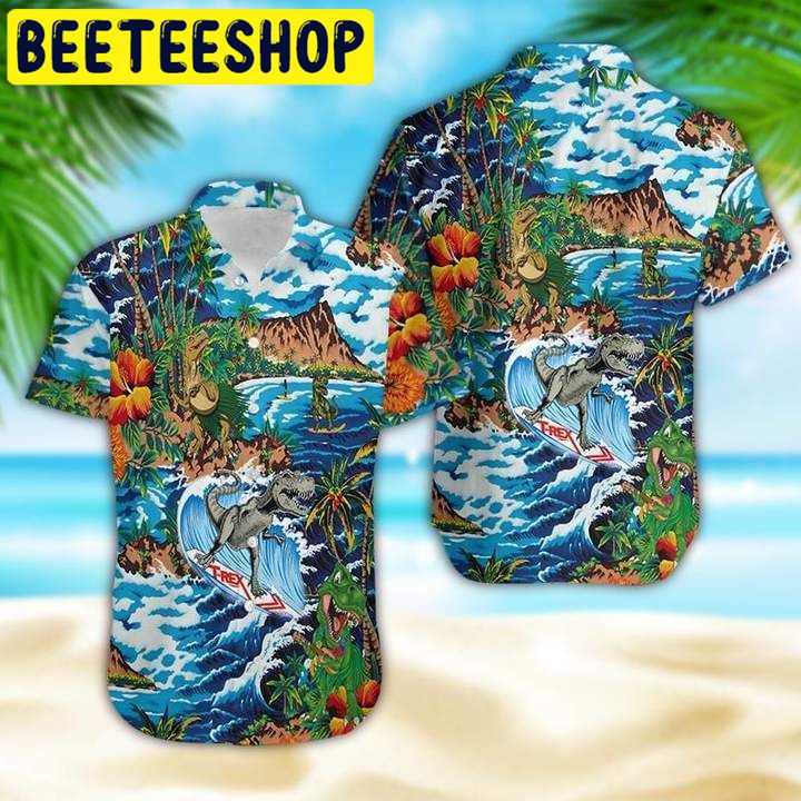 Funny Dinosaur Surfing On Tropical Island Hawaiian Shirt