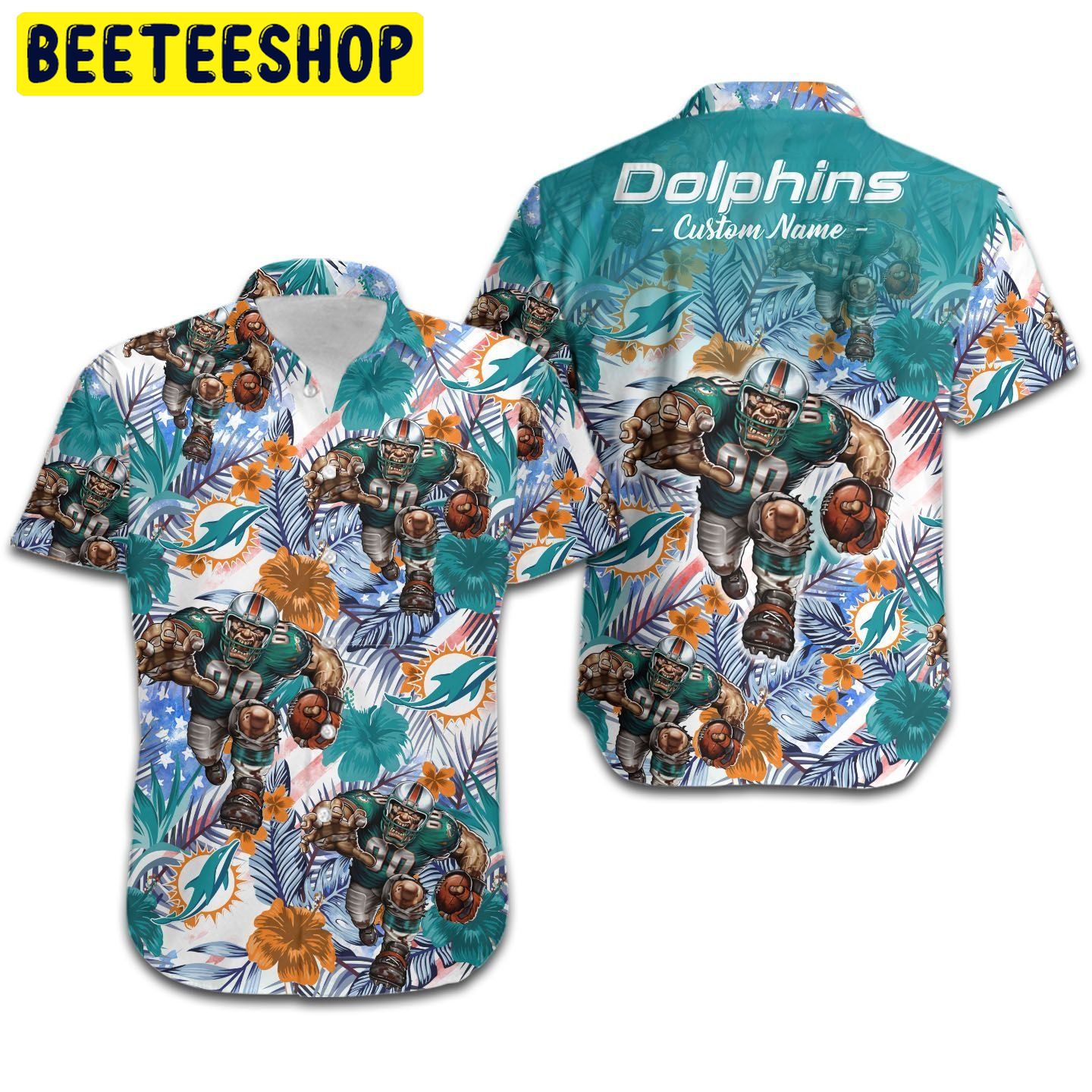 Funny Miami Dolphins Tropical Floral America Flag Custom Name Hawaiian Shirt