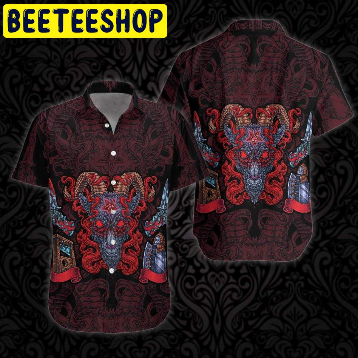 Goat Head Pentagram With Hell Fire Satanic Gothic Hawaiian Shirt