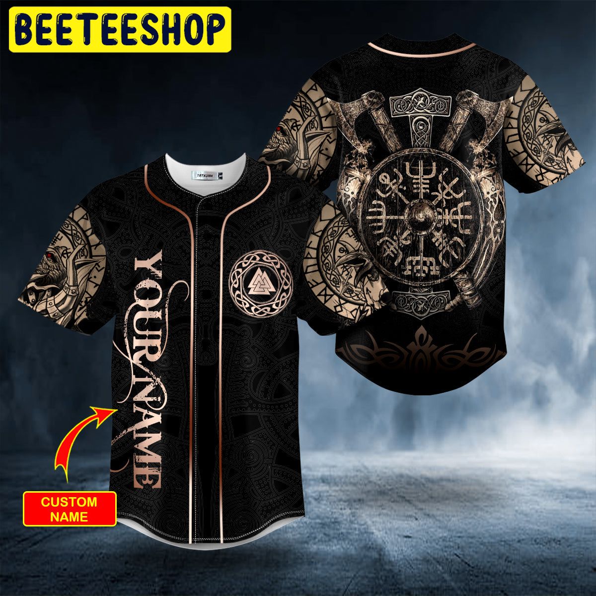 Gold Valknut Runic Compass Thor’s Hammer Axes Viking Personalized Trending Baseball Jersey