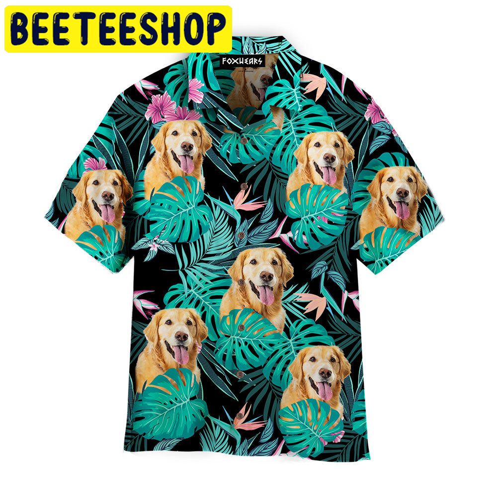 Golden Retriever Dog Palm Leaves Tropical Pattern Hawaiian Shirt