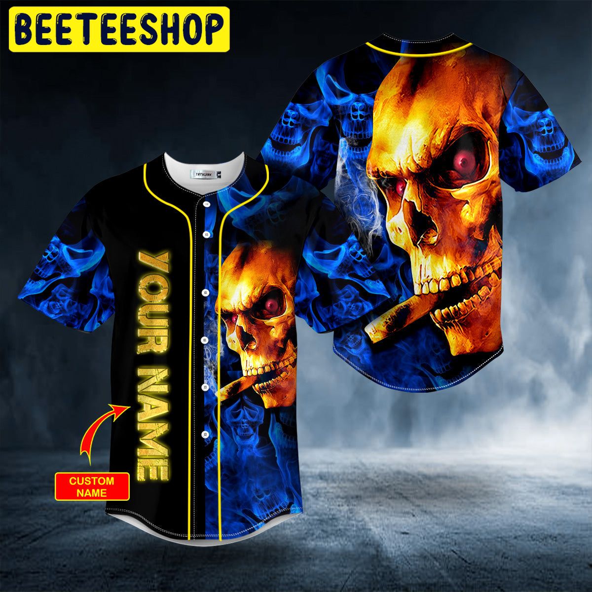 Golden Smoking Blue Smoke Skull Custom Trending Baseball Jersey