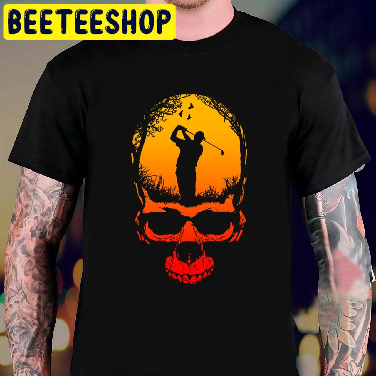 Golf Gothic Golfer Dad Skeleton Red Sunset Single Dad Halloween Trending Unisex T-Shirt