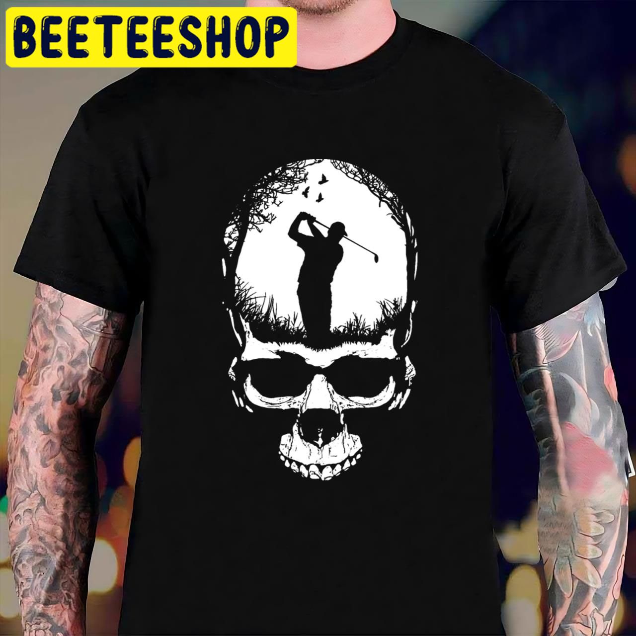 Golf Gothic Golfer Skeleton Skull Blue Sunset Single Dad Halloween Trending Unisex T-Shirt