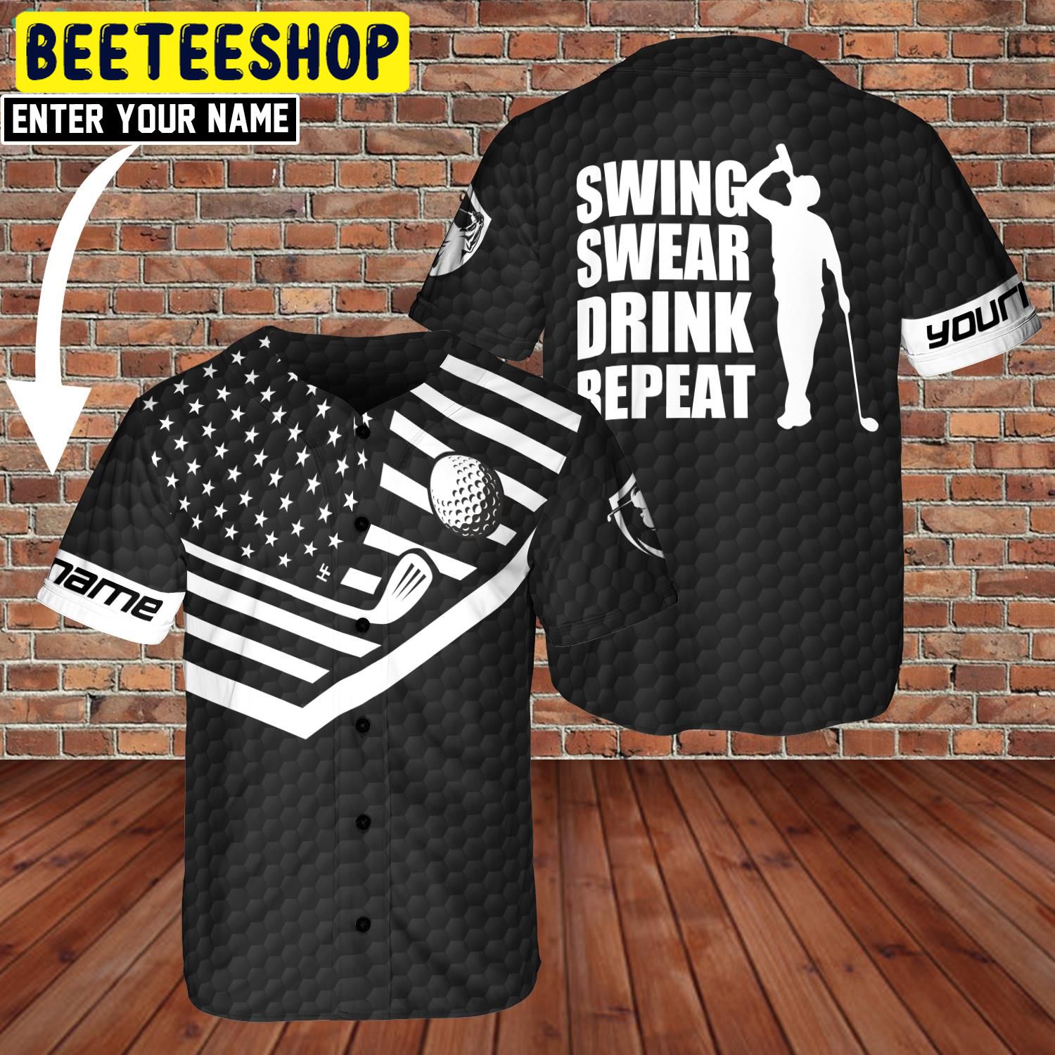 Golfer Lover Custom Name Swing Swear Drink Golf Repeat Trending Jersey Baseball