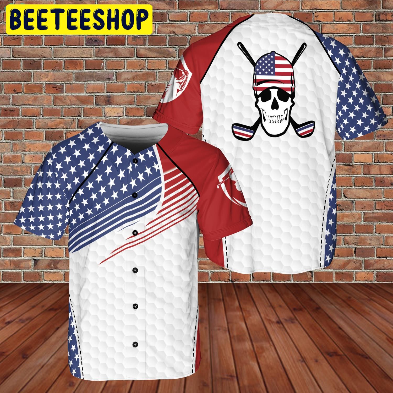 Golfer Skull Playing Golf United States US Flag Trending Jersey Baseball