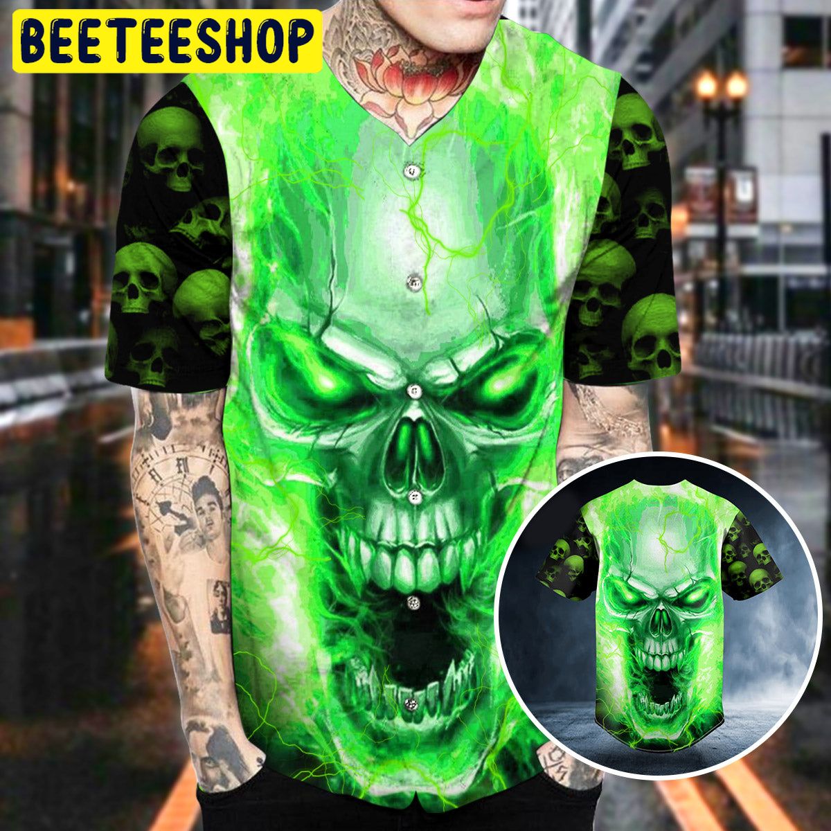 Green Lightning Screaming Skull Trending Baseball Jersey