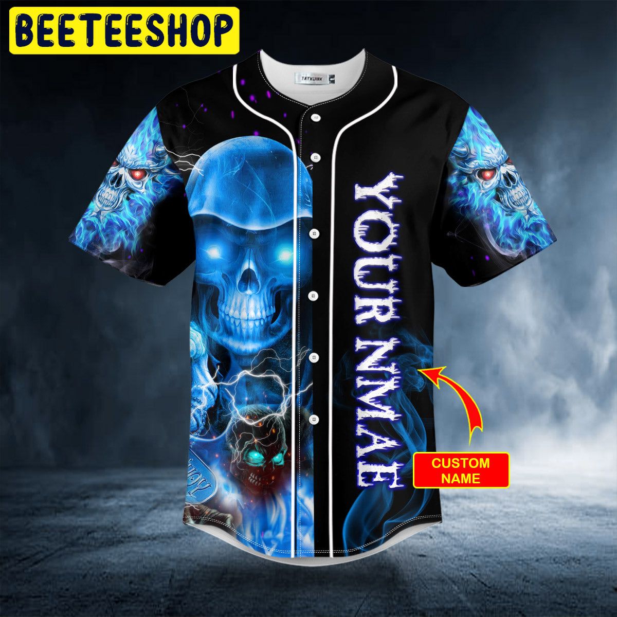 American Flag Firework Lightning Fire Skull Custom Name All Over Print  Baseball Jersey Shirt - Banantees