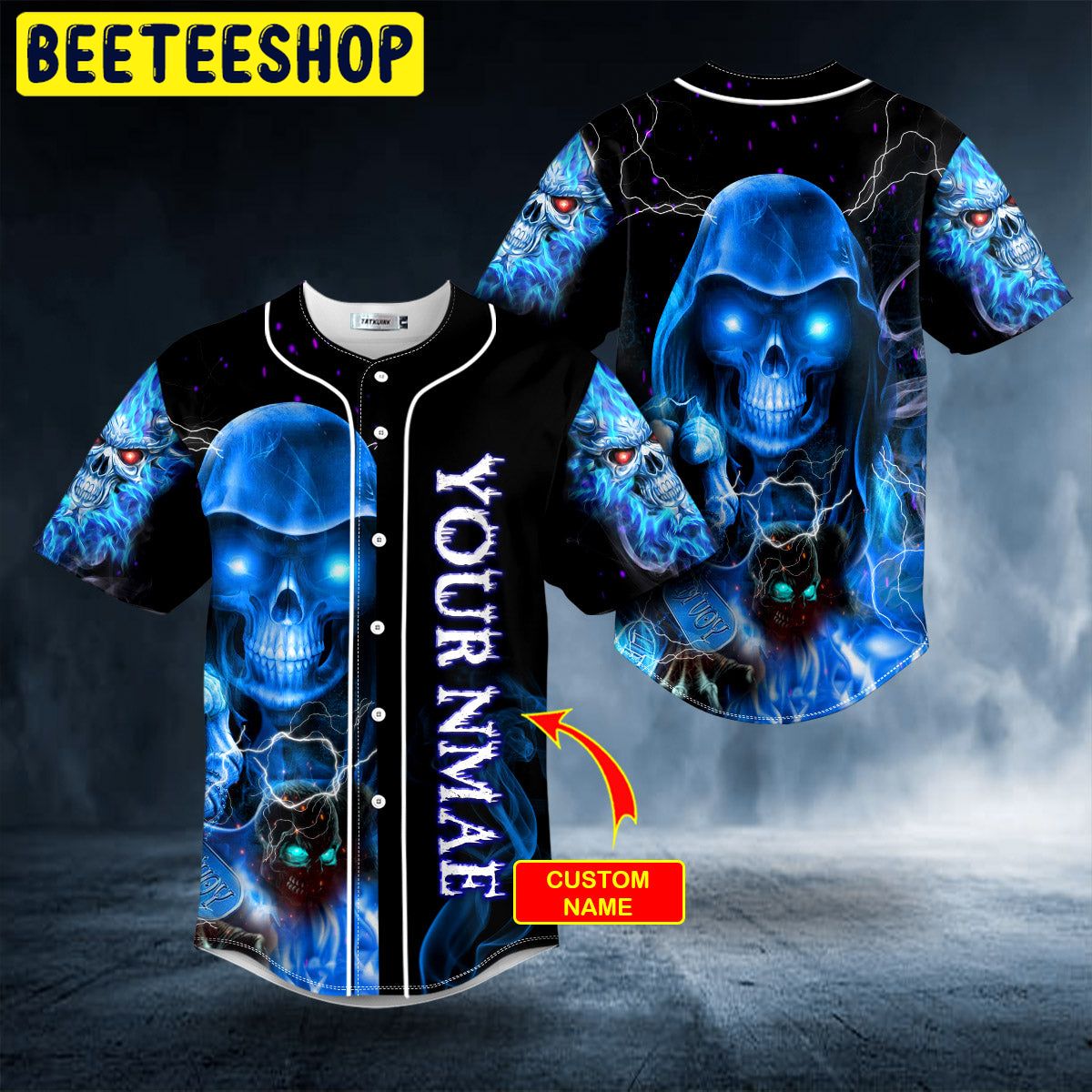 Grim Reaper Blue Fire Lightning Skull Custom Trending Baseball Jersey