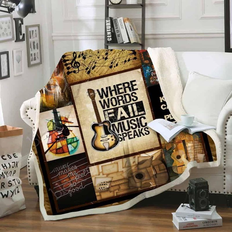 Guitar Where Words Fail Music Speaks Comfy Sofa Throw Blanket