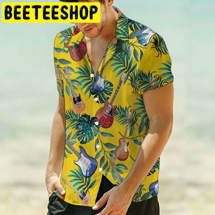 Guitar Yellow Tropical Leaves Hawaiian Shirt