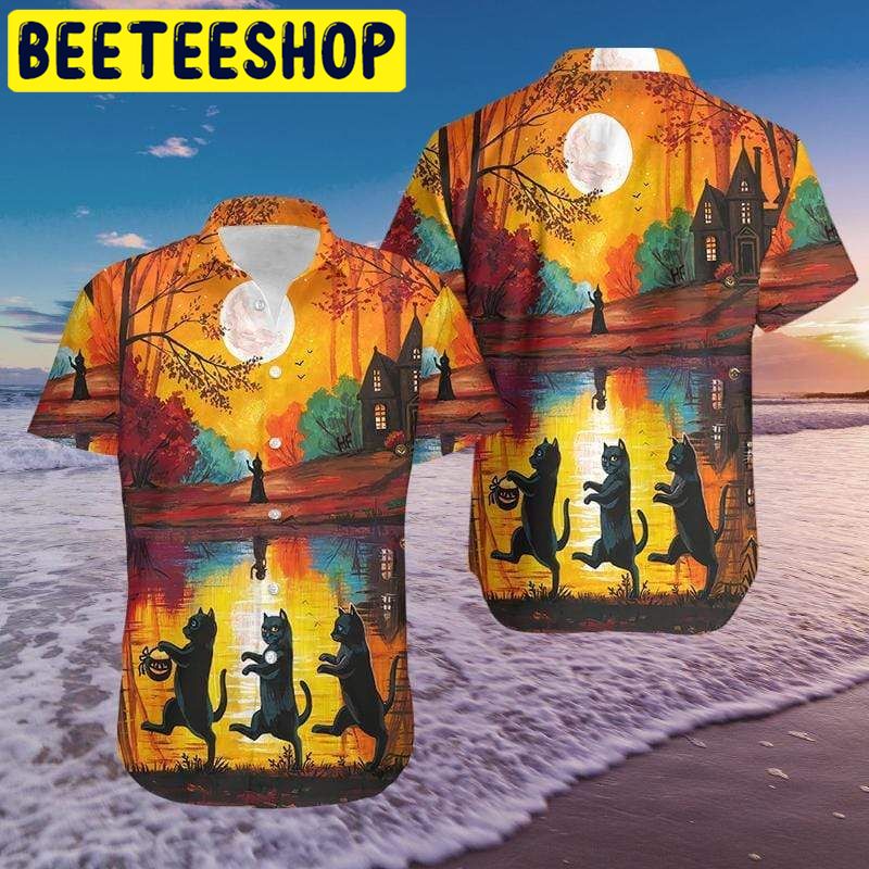 Halloween Walking Cat Hawaiian Shirt