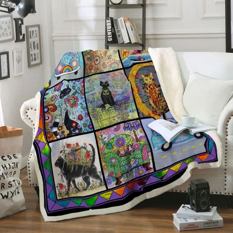 Hippie Cat Comfy Sofa Throw Blanket