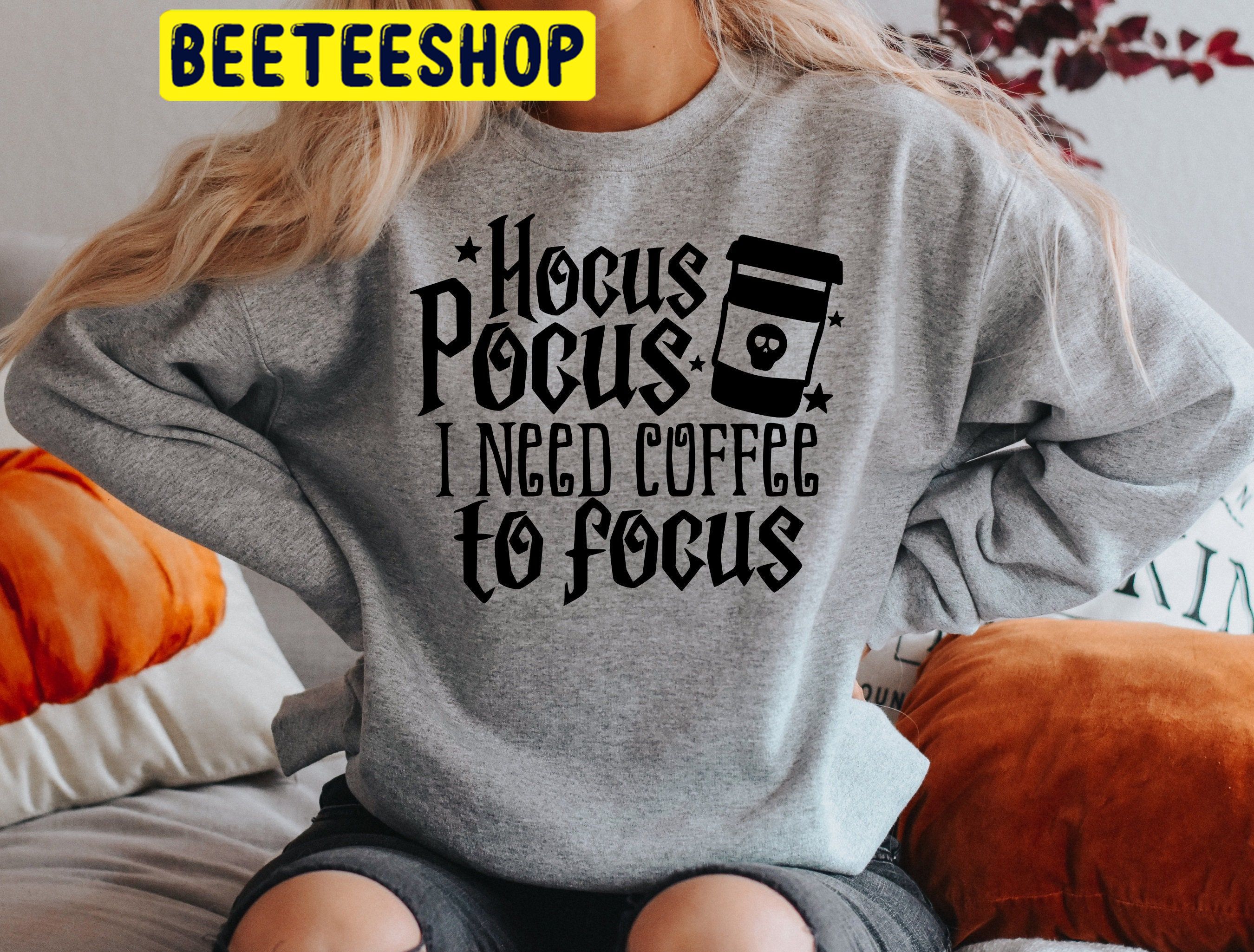 Hocus Pocus I Need Coffee To Focus Black Art HalloweenTrending Unisex Shirt