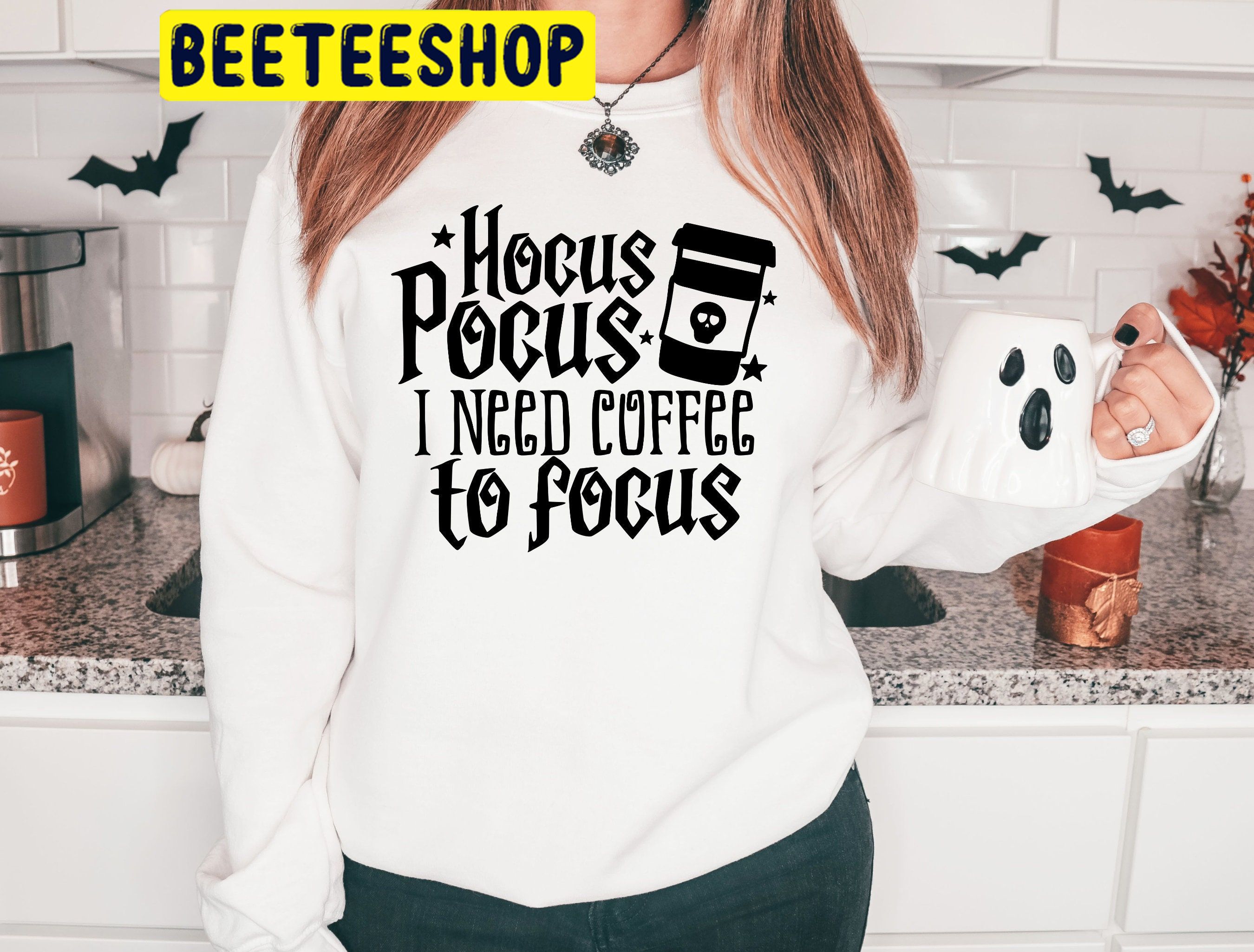 Hocus Pocus I Need Coffee To Focus Black Art HalloweenTrending Unisex Shirt