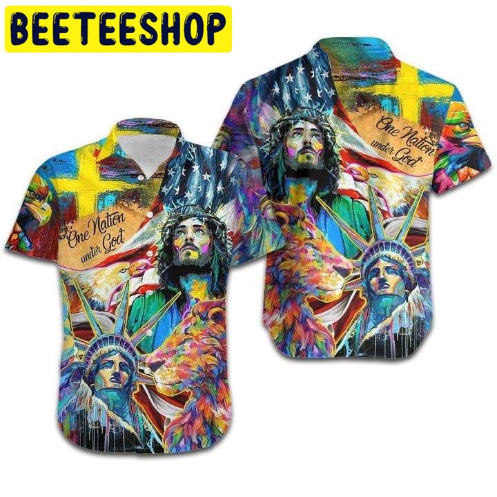 Jesus Lion One Nation Under God Colorful Hawaiian Shirt