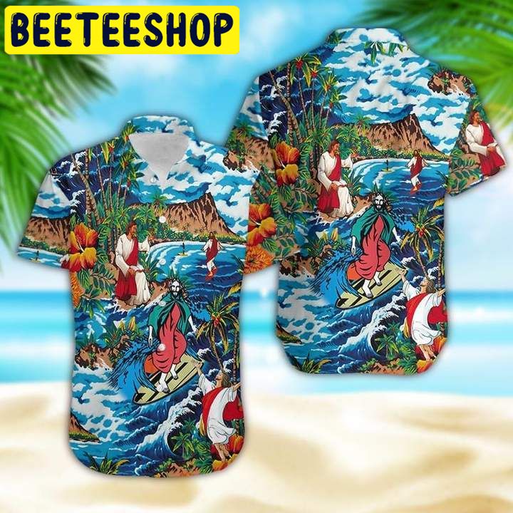 Jesus Surfing On Island Hawaiian Shirt