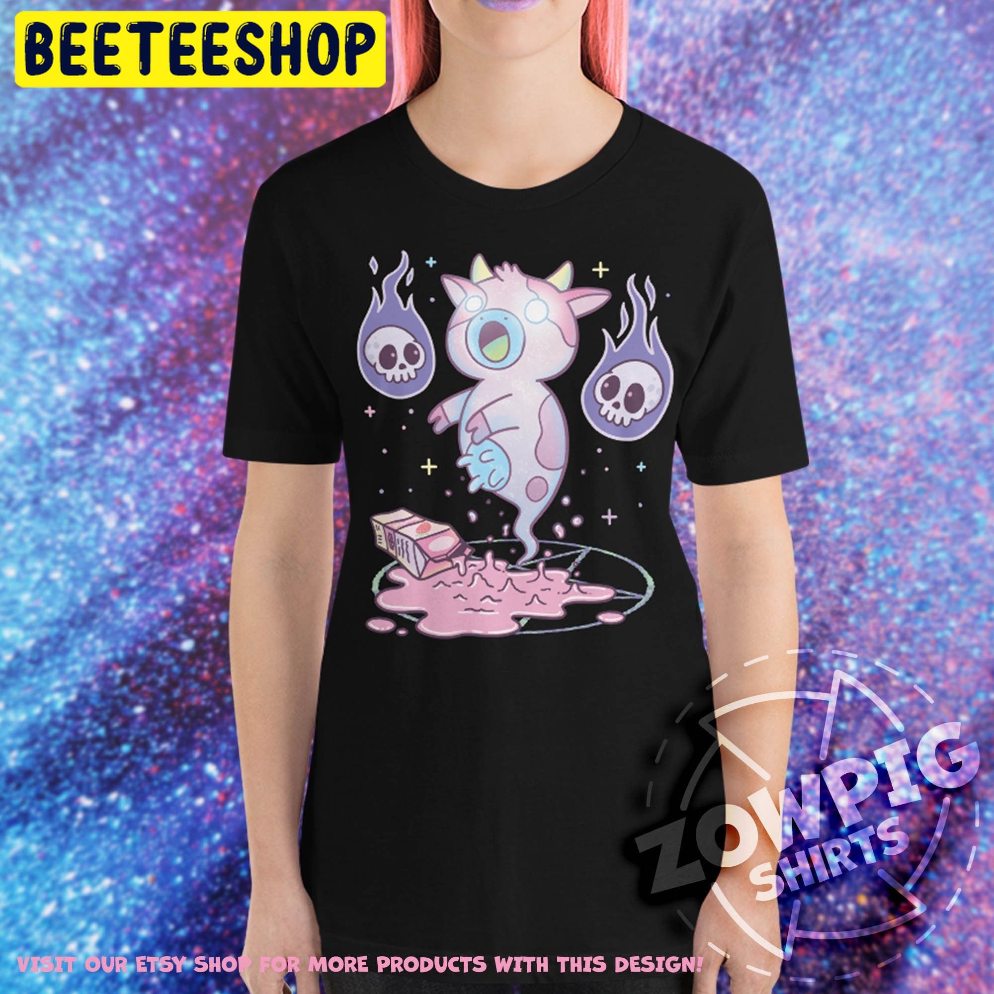 Kawaii Pastel Goth Aesthetic Creepy Cute Strawberry Milk Ghost Cow Skulls  Trending Unisex Shirt - Beeteeshop