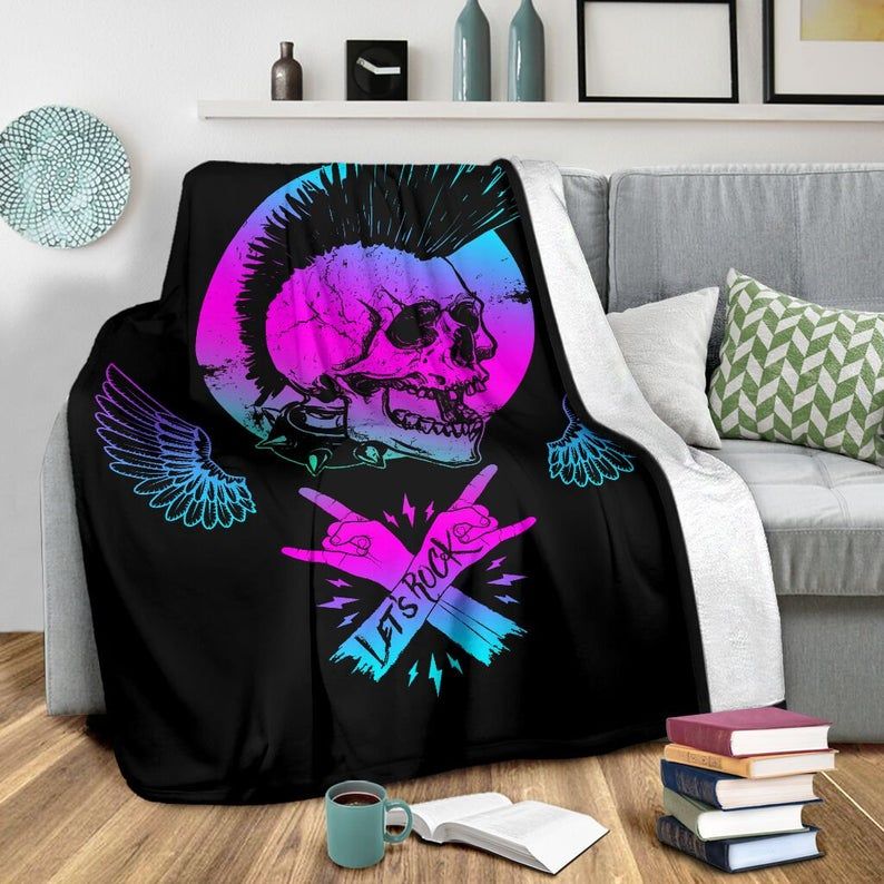 Let’s Rock On Skull Rock And Roll Hand Sign Fleece Blanket Throw Blanket