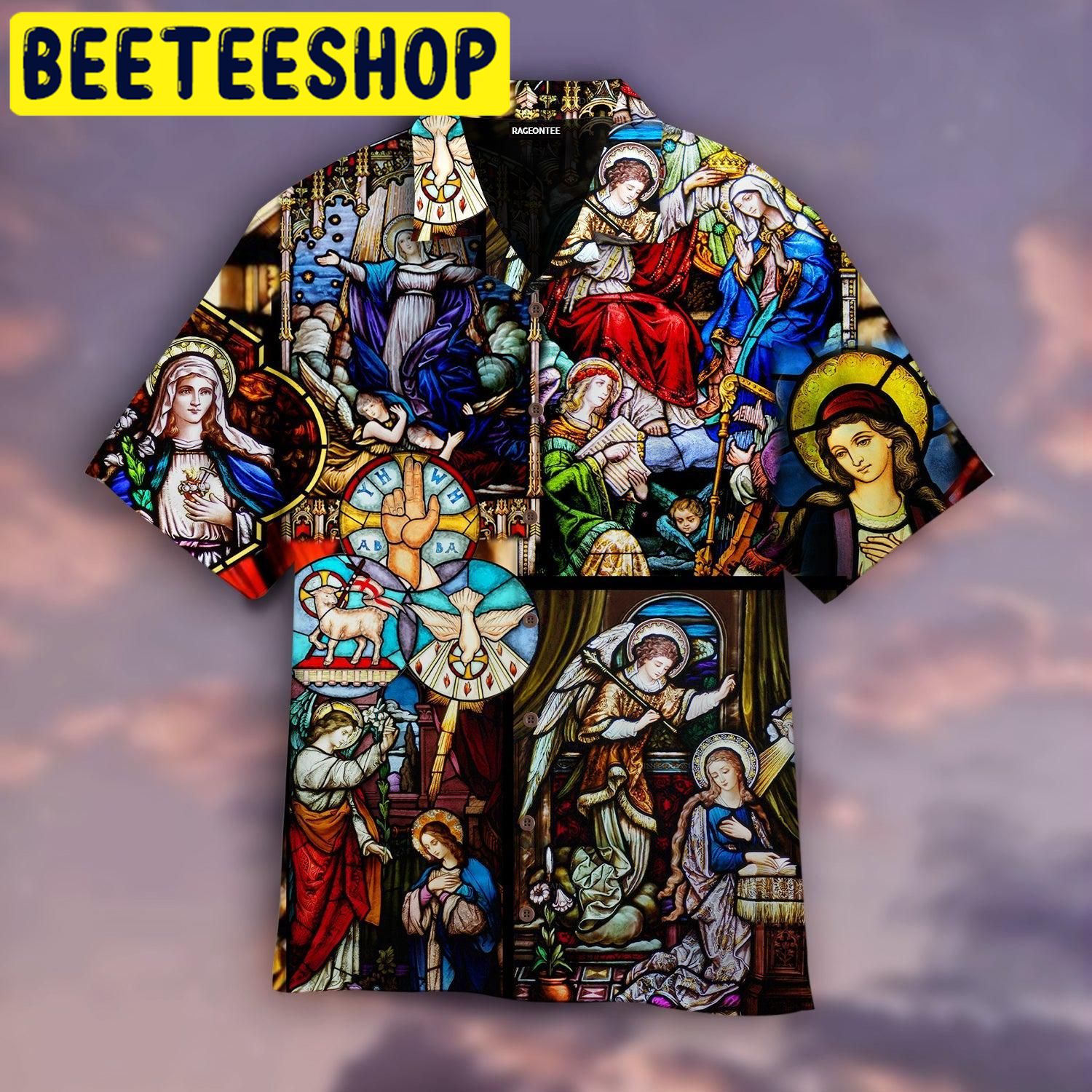 Mary’s Coronation Religious Stained Glass Window Hawaiian Shirt