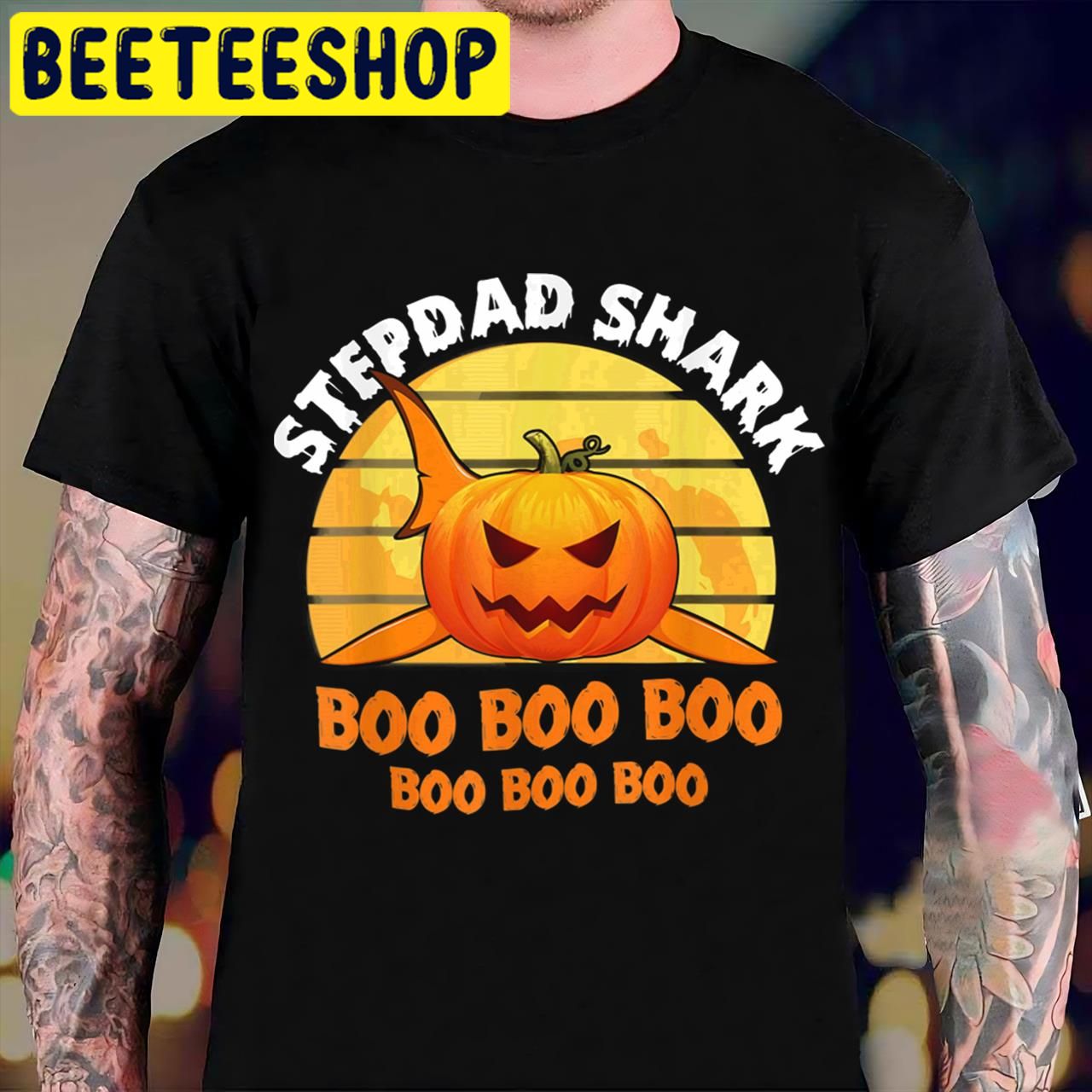 Mens Mens Stepdad Shark Boo Pumpkin Stepdad Halloween Trending Unisex T-Shirt