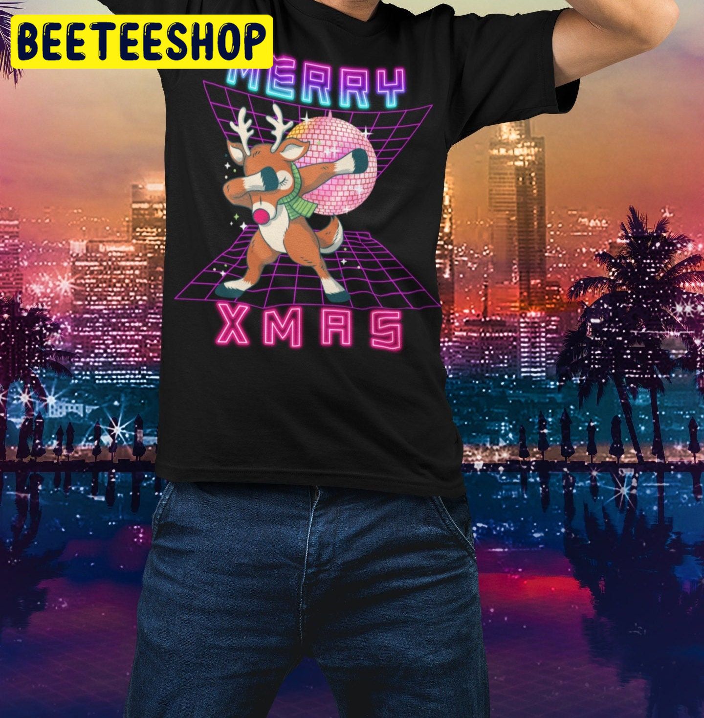 Merry Xmas Reindeer Disco Dab Vaporwave Trending Unisex Shirt